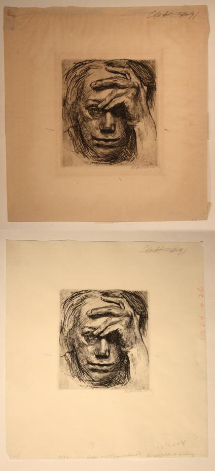 Kathe Kollwitz etching self portrait on paper restoration