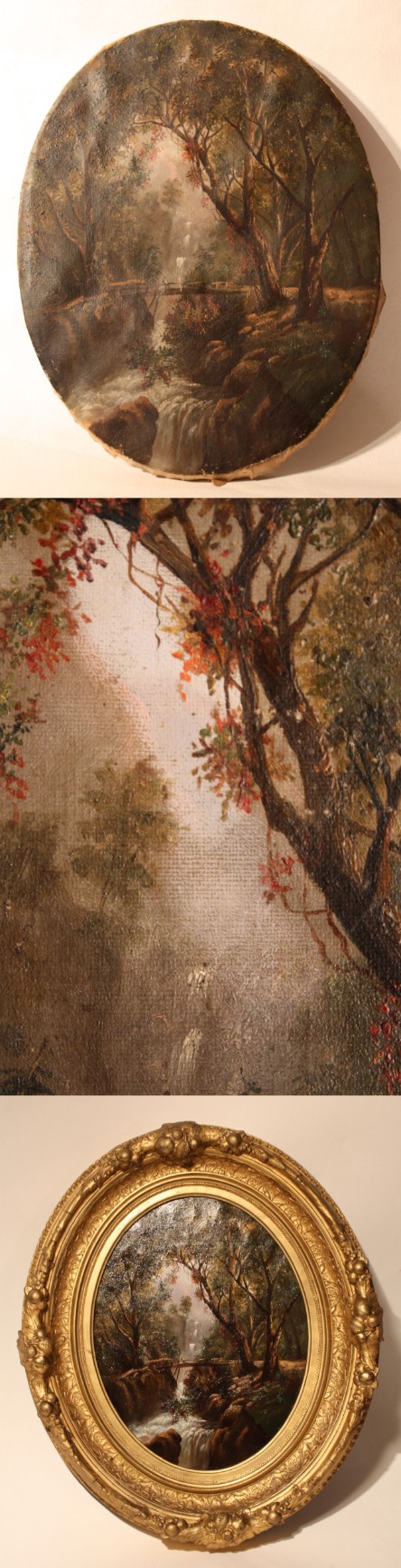 Oval painting landscape c. 1880s; oil painting restoration process